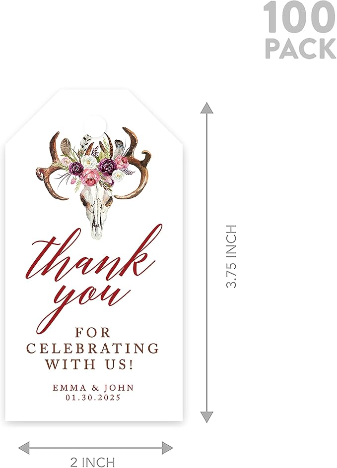 Andaz Press 100-Pack Personalized Thank You for Celebrating with Us Wedding Favor Tags with Bakers Twine Boho Rustic Floral Antlers Custom Cardstock Wedding Gift Tags for Party Favors 2 x 3.75-Inches