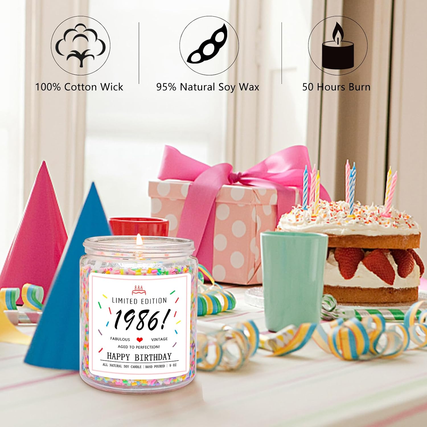 Homsolver 40th Birthday Gifts for Women Ideas, Decorations Gifts for 40 Year Old Woman, 40th Birthday Candles - Limited Edition 1986 Handmade (Vanilla Birthday Cake Scent with Sprinkles)
