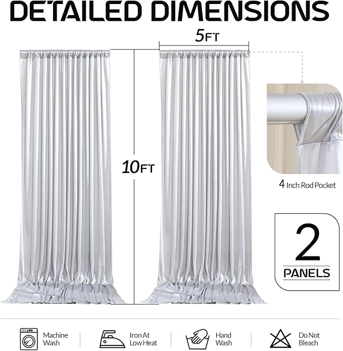 Silver Satin Backdrop Curtains 2 Panels - Glitter Photo Drapes for Baby Shower, 10x10FT Shimmer Back Drop Decor, Wrinkle Free for Birthday Party Prom Wedding Anniversary Background