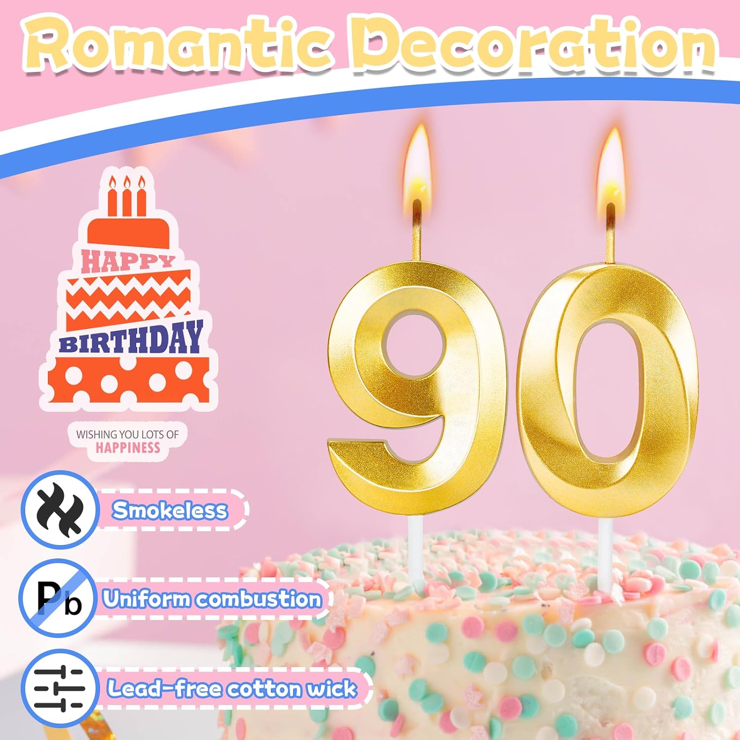 90th Birthday Candles for Cake,Gold Number Candles for Happy Birthday Cake Toppers,90 Birthday Decorations for Women Men Party Anniversary Wedding