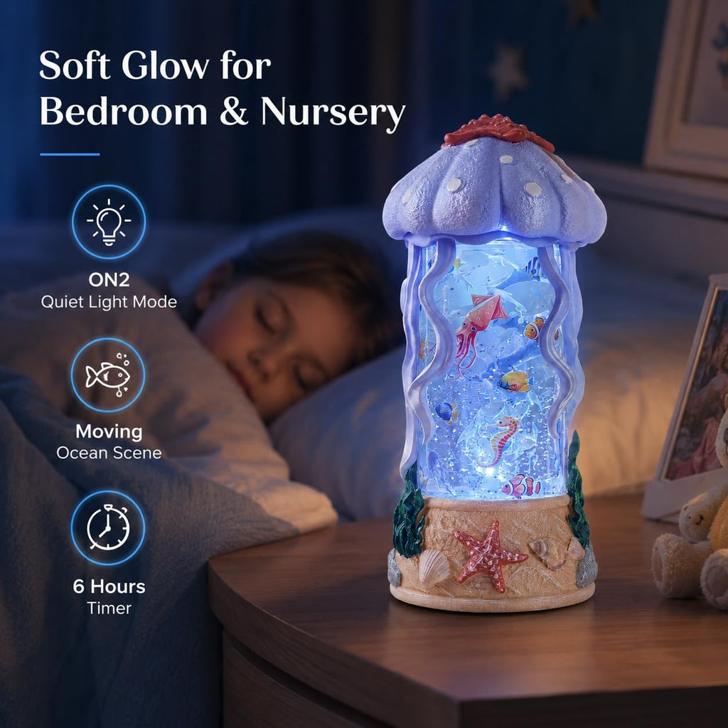 Jellyfish Night Light Water Snow Globe with Music and 2 Soothing Melodies, Rotating Ocean Scene Lamp with 6 Hours Timer, USB Powered or 3 AA Battery Operated Gift for Kids Adults Bedroom Nursery