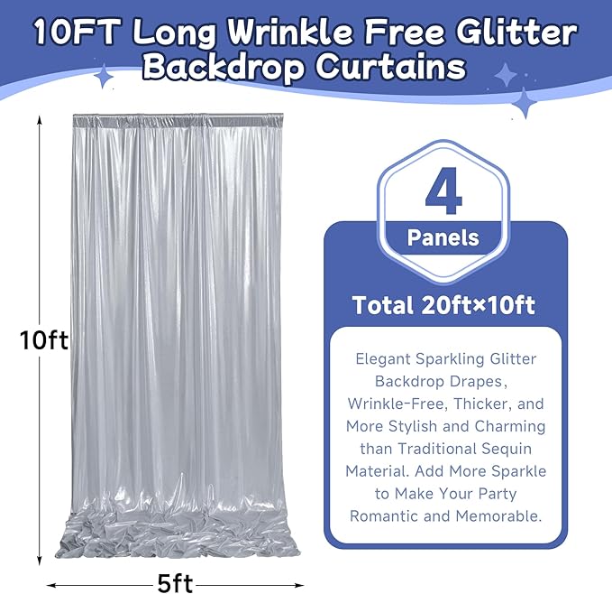 leegleri 20x10ft Thick Silver Glitter Backdrop Curtain Panels for Parties, Wrinkle Free Sequin Sparking Photo Backdrop Drapes, 4 Panels 5x10ft Shimmer Back Drop Cloth for Wedding Birthday Photography