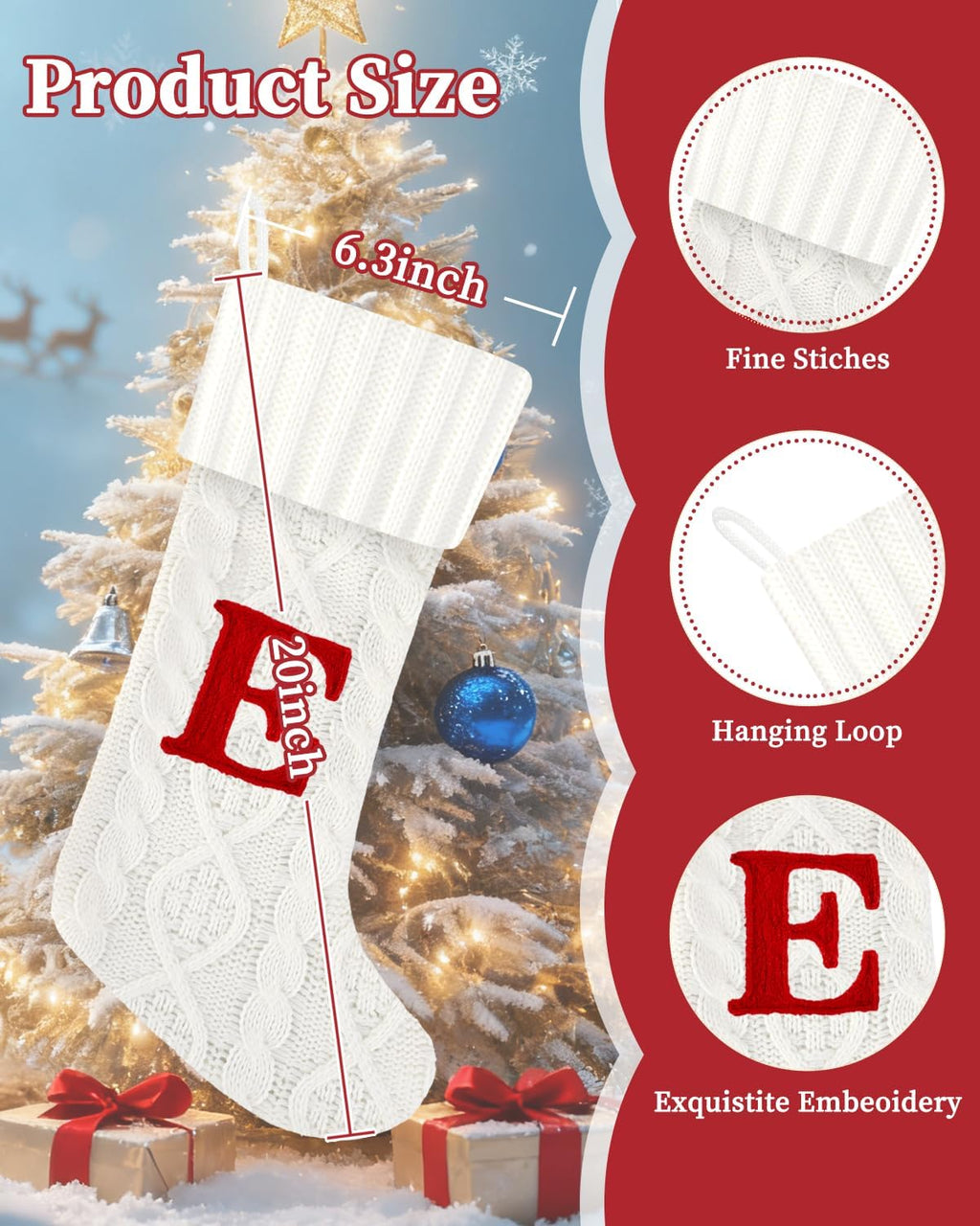 Christmas Stockings with Initials,20 Inches Large White Embroidered Monogram Knitted Christmas Stockings with Letter,Personalized Xmas Stockings for Fireplace Family Holiday Decor(Letter J,White)