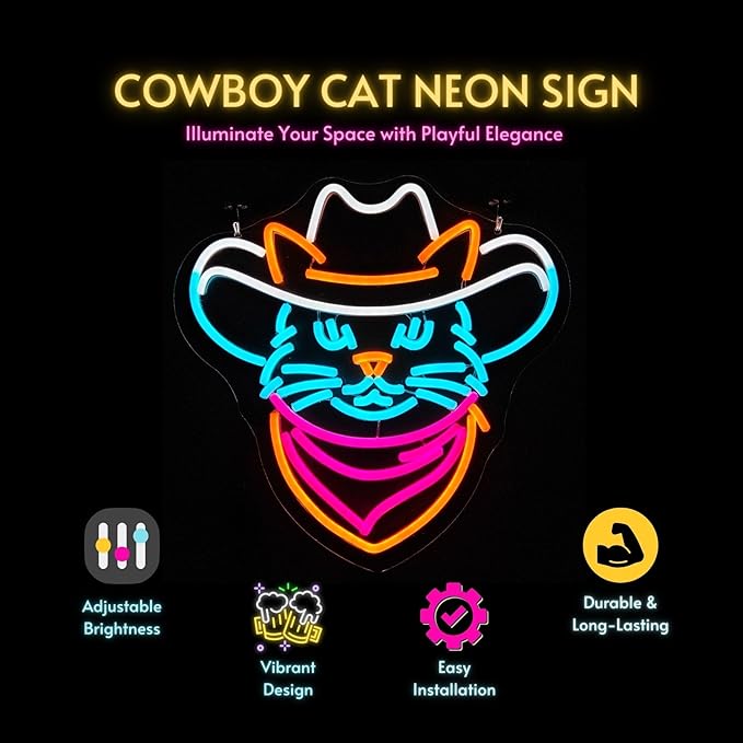 Cowboy Cat Neon Sign - Adjustable Dimmable LED Neon Light, 13.8"x13.7", Premium Quality, Vibrant Home Decor