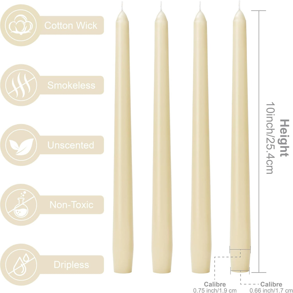 10-Inch Ivory Taper Candles - Dripless Smokeless Tapered Candle Cream Unscented Candlesticks Paraffin Wax Long Slow Burning Tall Candle Sticks for Dinner Business Wedding Restaurants 12 Pack