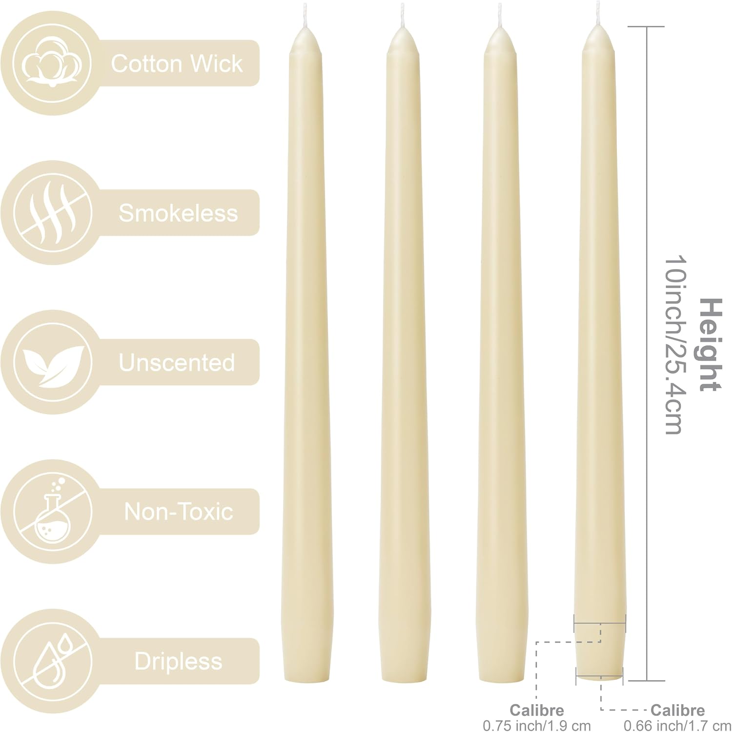 10-Inch Ivory Taper Candles - Dripless Smokeless Tapered Candle Cream Unscented Candlesticks Paraffin Wax Long Slow Burning Tall Candle Sticks for Dinner Business Wedding Restaurants 12 Pack