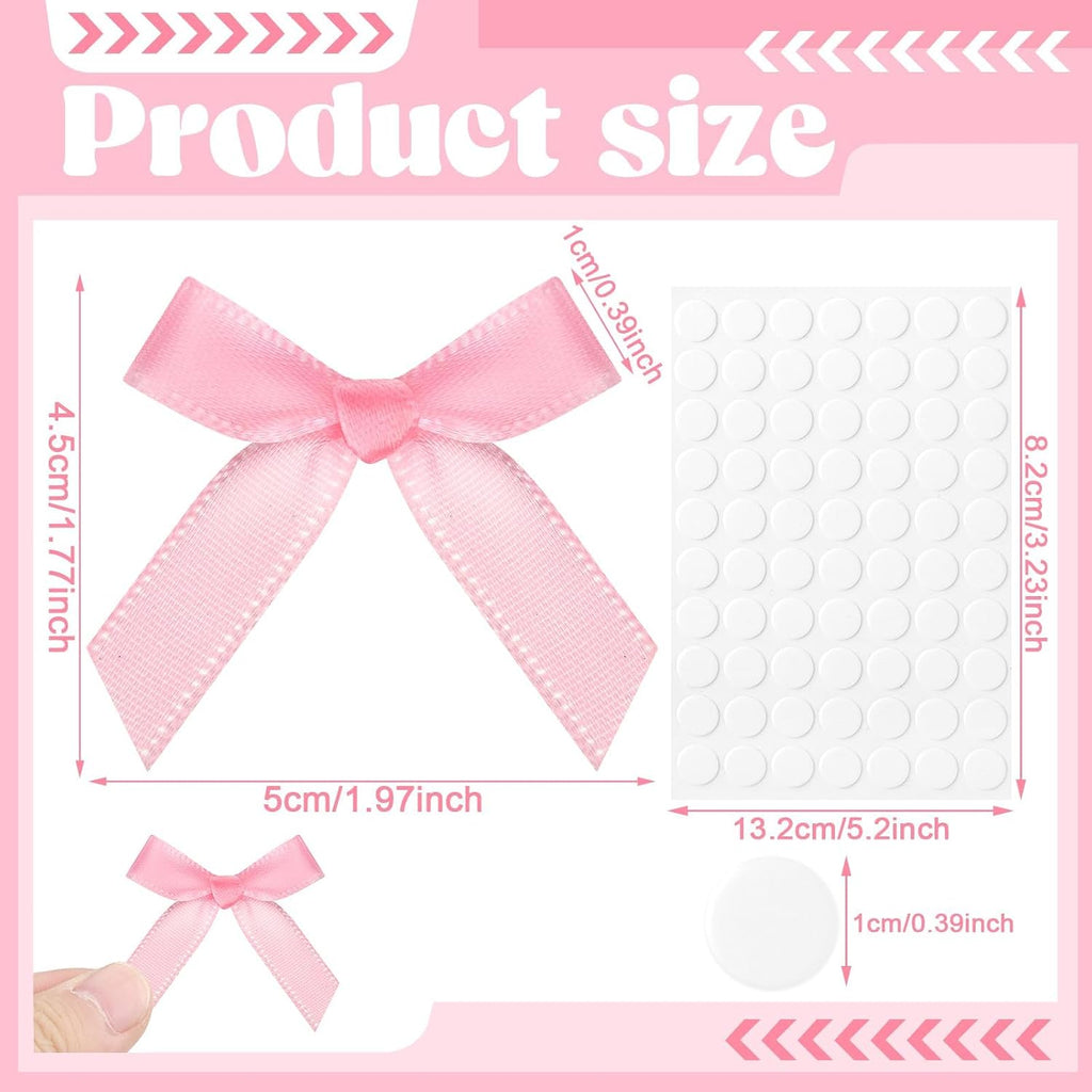 120 Pcs Mini Pink Bows for Crafts with Self-Adhesive Dot, 1.57" Small Satin Ribbon Bows for Gift Wrapping Cake Decorations Sewing Scrapbook Card Making Wedding Bow Party Decoration