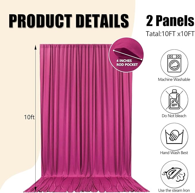 10ft x 10ft Fuchsia Backdrop Curtains for Parties, Fabric Satin Background Curtain with Rod Pockets for Weddings, Birthday, Baby Shower, Photography, Graduation Party Backdrop Drapes, 2 Panels