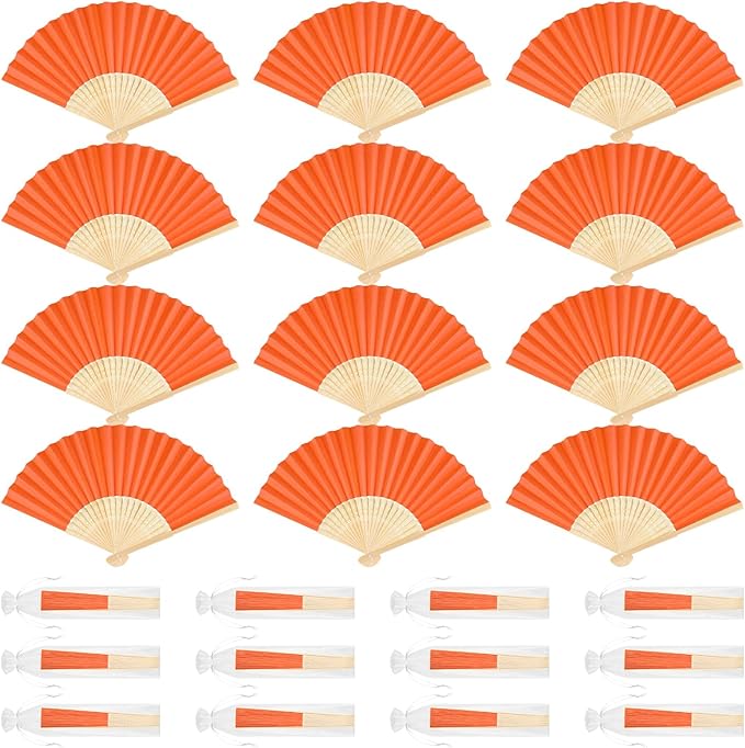 12 Pieces Orange Hand Held Bamboo Folding Fans Paper Fans Handheld for Women Foldable Girls Wedding DIY Decoration Church Home Party Favors Summer