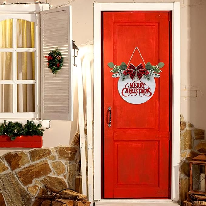 CHDITB Cute Merry Christmas Wooden Front Door Wreath(11.4”x11.4”), Farmhouse 3D Christmas Decor Hanging Sign with Red Plaid Bow Berries Mistletoe, Housewarming Gift for Xmas Winter Holiday New Year