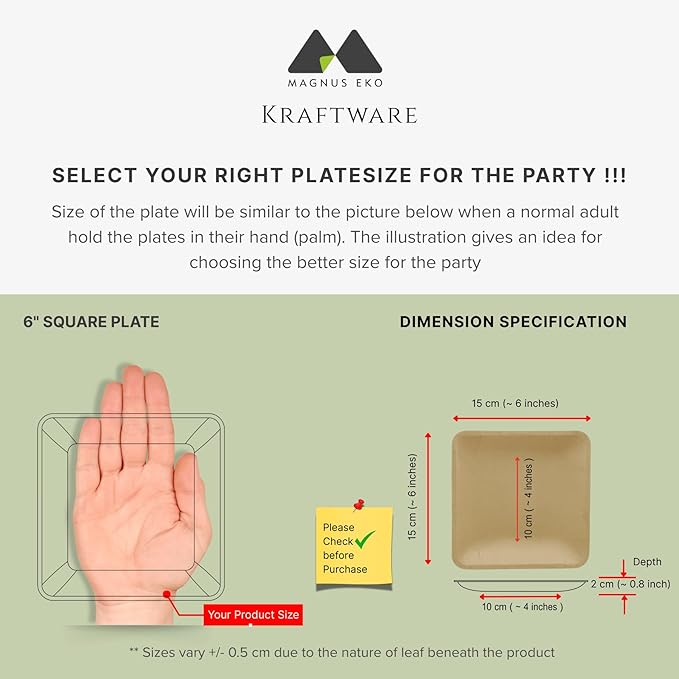magnus EKO Kraftware | 6 Inch Square Plates 50 Pcs | Disposable Plates | Like Bamboo Plates For Appetizer & Desert | Eco Friendly, Compostable & Biodegradable plates for Catering, Weddings, Parties