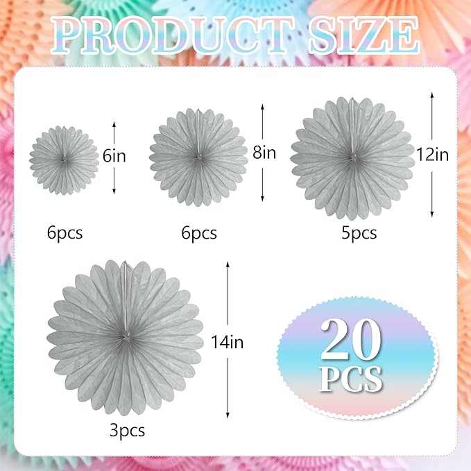 20 Pcs Silver Gray Hanging Paper Fan, Round Paper Fans Decorations Set for Weddings, Birthdays, Engagement, Bridal Shower, Baby Shower Event, Graduation, Party Supplies Decor