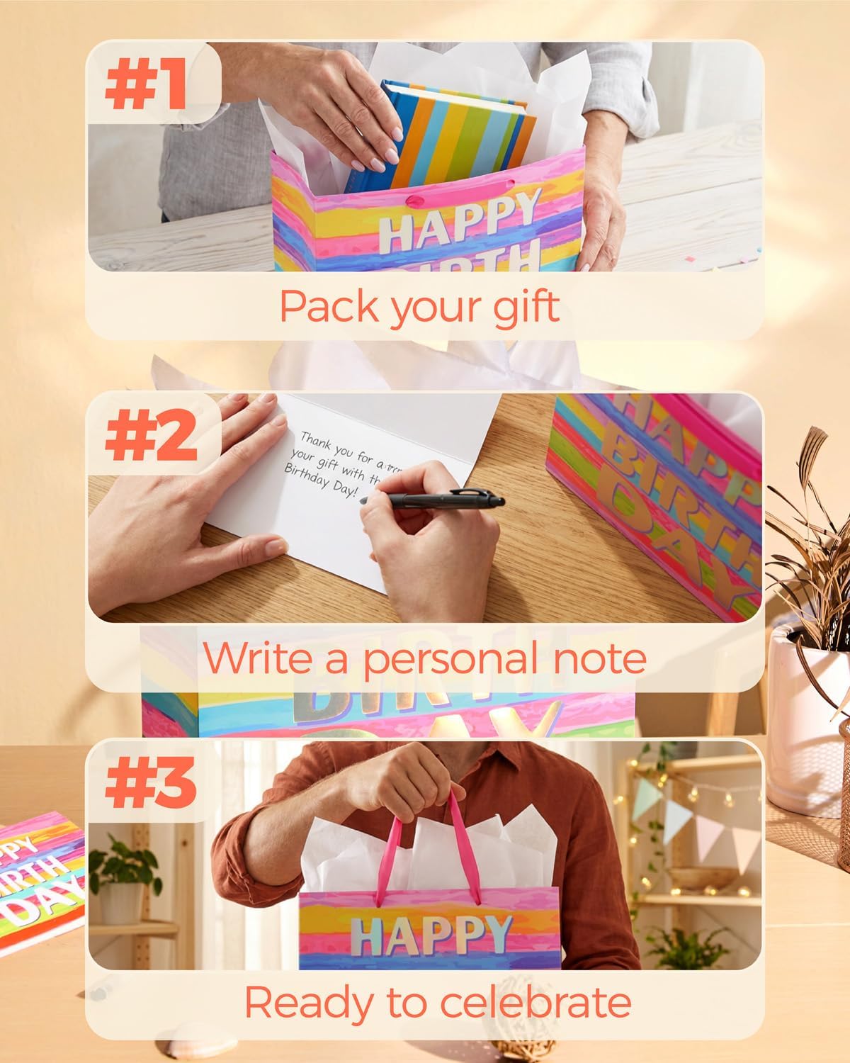 SUNCOLOR Large Happy Birthday Gift Bag with Tissue Paper & Card, 13 x 10.2 x 4.7 Inches Premium Paper Bag for Birthday, Kids', Women's & Mother's Gifts