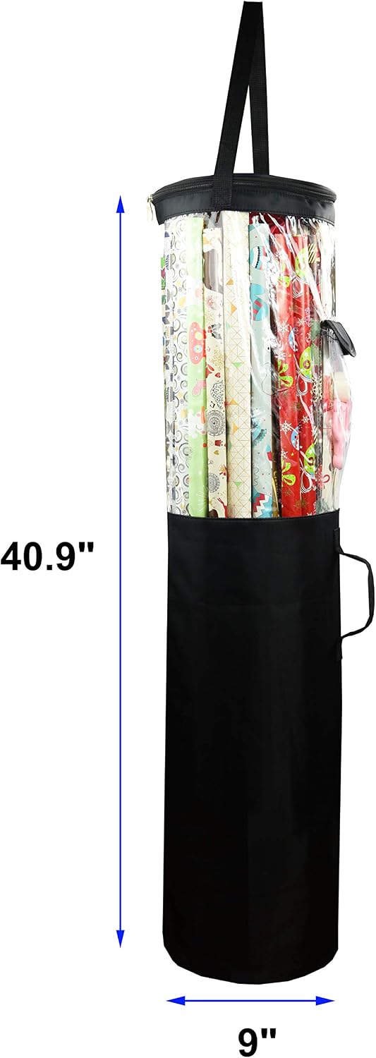 Freegrace Gift Wrap Organizer | Large 9" x 40.9" Wrapping Paper Rolls Storage Bag | Tearproof & Space Saving Under Bed Gift Bag Organization (Black)