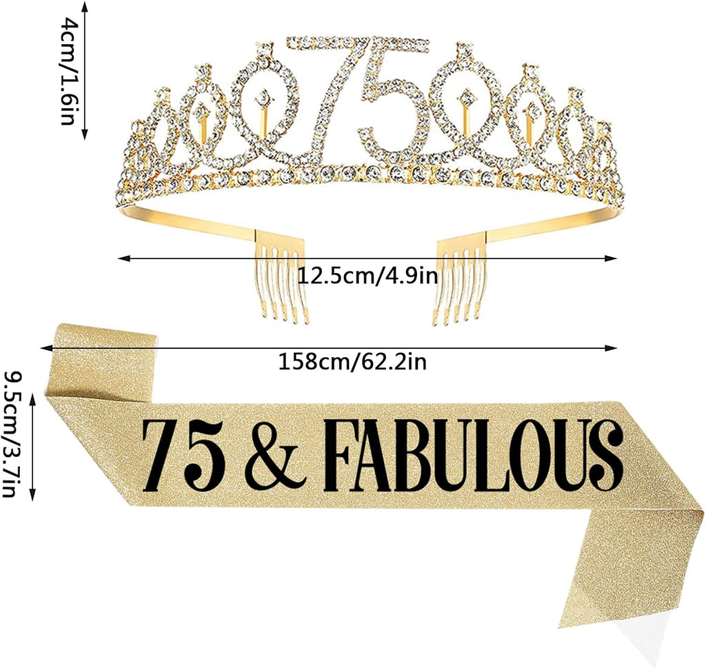 75th Birthday Sash and Tiara for Women, 75 & Fabulous Sash and Tiara Birthday Crown, Happy 75th Birthday Gifts for Queen Woman Party Favors Supplies and Decorations, Gold