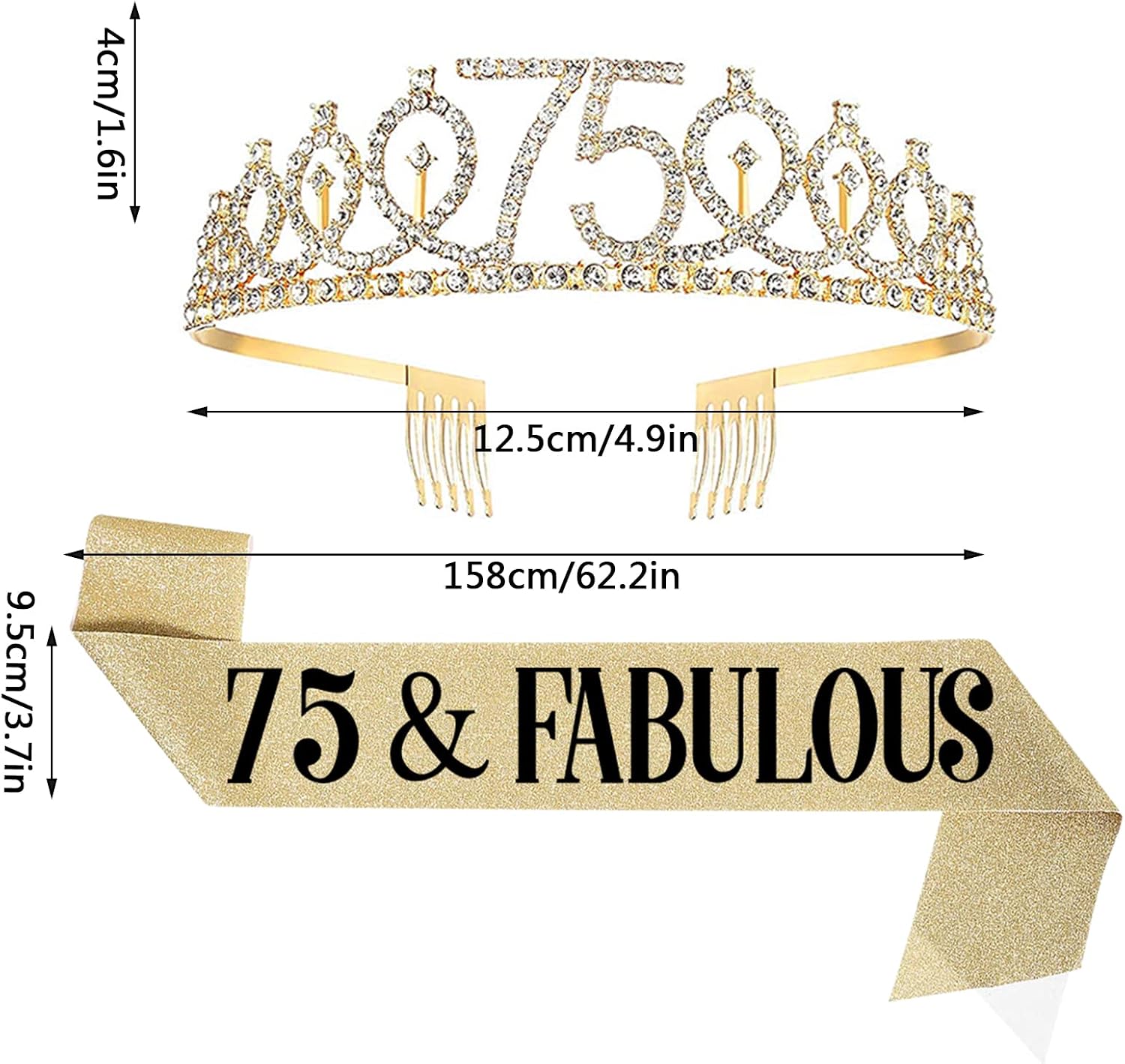 75th Birthday Sash and Tiara for Women, 75 & Fabulous Sash and Tiara Birthday Crown, Happy 75th Birthday Gifts for Queen Woman Party Favors Supplies and Decorations, Gold