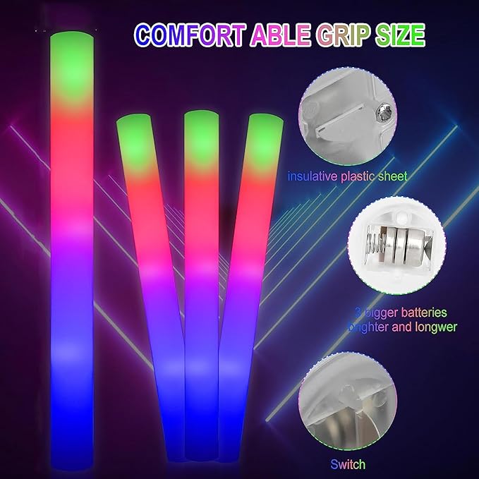 100 + 11 Pack Foam Glow Sticks Bulk Party Pack,Party Favors Supplies,3 Flashing Modes Glow In The Dark Party Supplies,Light Up Foam Sticks for Wendding Raves Camping Outdoor