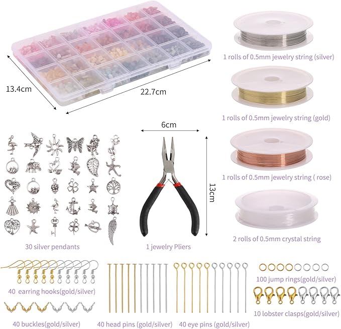 QUEFE 1800pcs 56 Colors Crystal Beads, Ring Making Kit, Gemstone Chip Beads Irregular Natural Stone with Jewelry Making Supplies for DIY Craft Bracelet Necklace Earrings, Craft Gifts