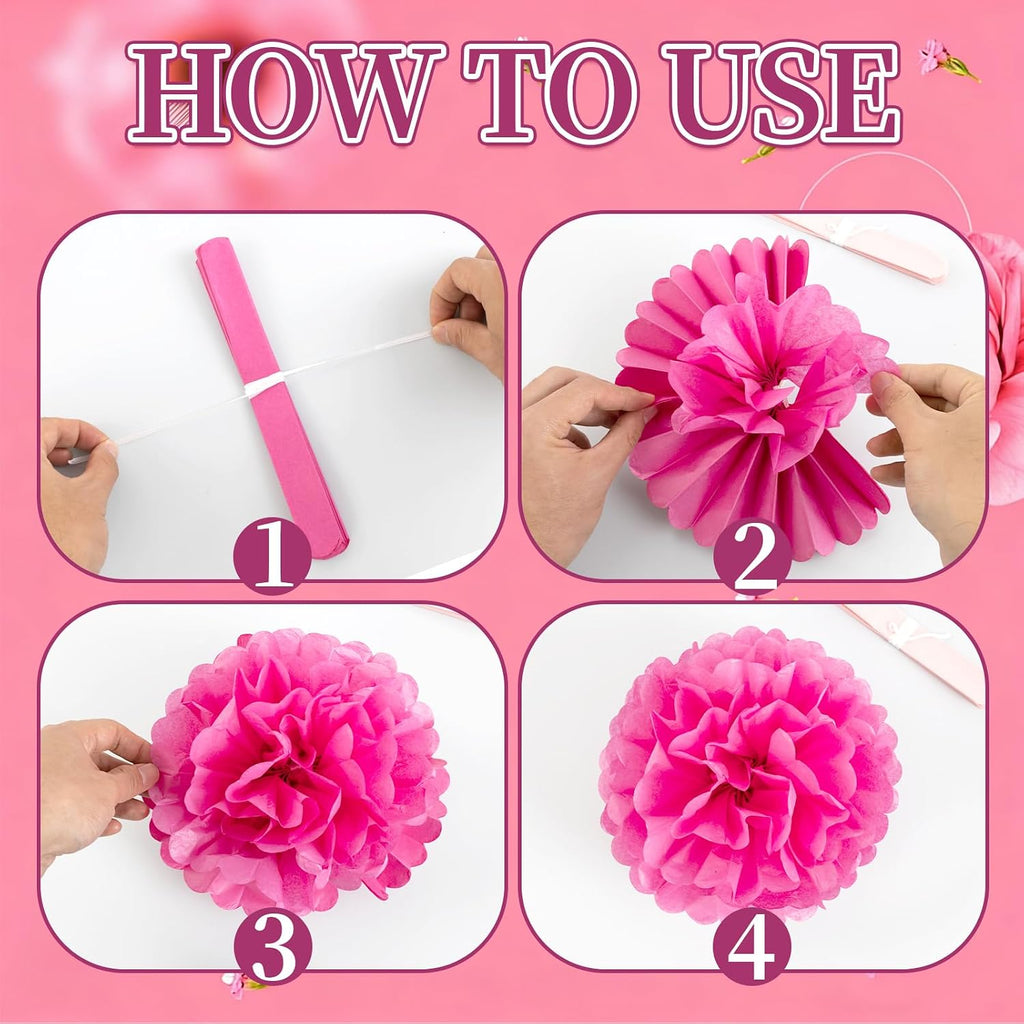 Hot Pink Tissue Pom Poms Paper Flowers Hanging Decorations Pink Flower Ball for Mother's Day Baby Shower Wedding Nursery Birthday Party Backdrop Home Outdoor