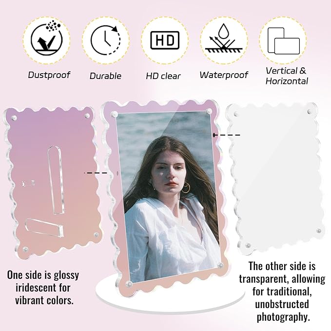 Acrylic Picture Frames 3 Pack 4x6 inch Scalloped Iridescent with Detachable Stand, Vertical and Horizontal Tabletop Display, Magnetic Photo Frames for Café/Home/Weeding/Party