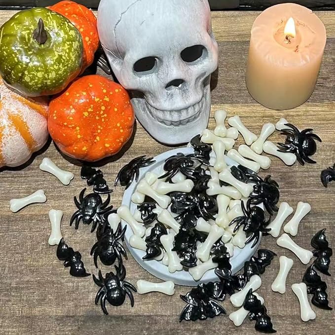 HappyFiller Halloween Decoration 450 PCS Black Mini Acrylic Spiders Bat Mix Ivory Color Bones for Sensory Bin Gems,Vase Fillers,Home Decor,Table Scatters