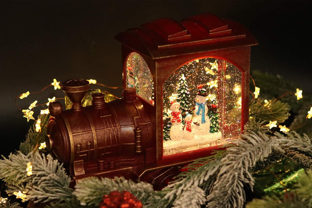 Eldnacele Singing Christmas Train Snow Globe with Music & Timer, Lighted-up Battery Operated Glittering Lantern for Christmas Table Centerpiece Decoration and Gift- Snowman