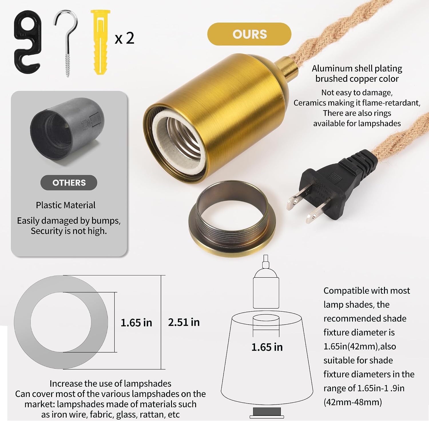 Plug in Pendant Light Cord 15FT Hemp Rope, Hanging Lamp Kit | Twisted rope cord, ceramic E26 socket, gold aluminum shell, inline switch, rustic hanging lantern style