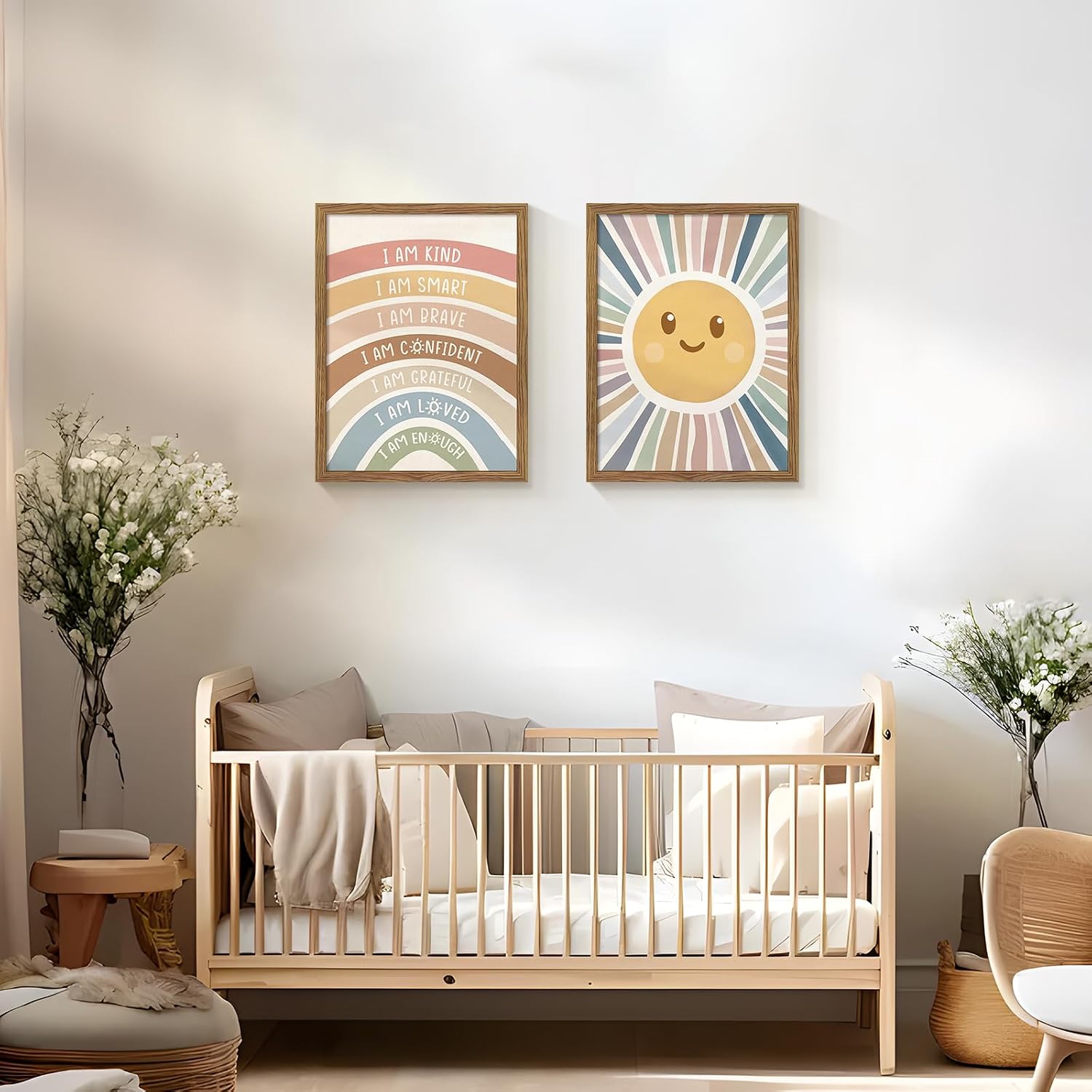 2 Piece Framed Boho Rainbow Kids Room Wall Art 12x16 Inch | Positive Affirmations Playroom Wall Decor, Sun Smiley Face Nursery Painting Canvas Prints for Classroom Toddler Room Decor