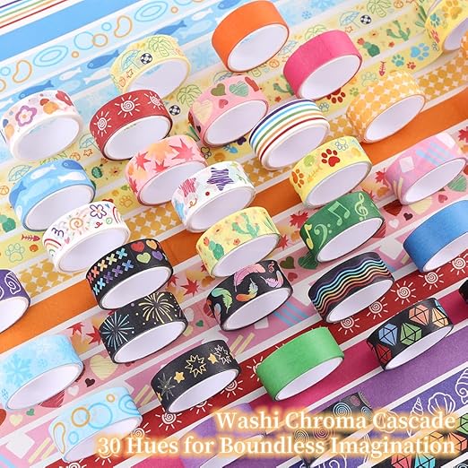 30 Rolls Colorful Theme Washi Tape Set with Different Colorful Patterns, Writable Decorative Tapes for Scrapbooking, Bible Journaling, Bullet Journaling, 0.6'' x 79'' per Roll