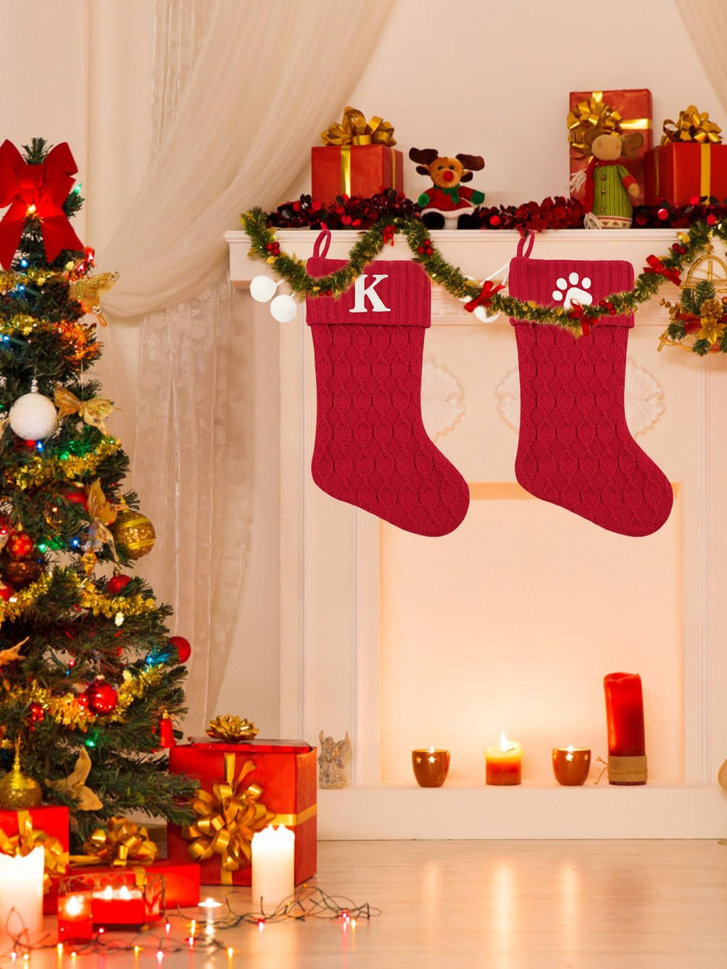 20 Inchs Red Knit Christmas Stockings, Personalized Initial Embroidered Xmas Stocking Larger Sock for Christmas Tree Fireplace Christmas Party Holiday Hanging Stocking Decorations(S)