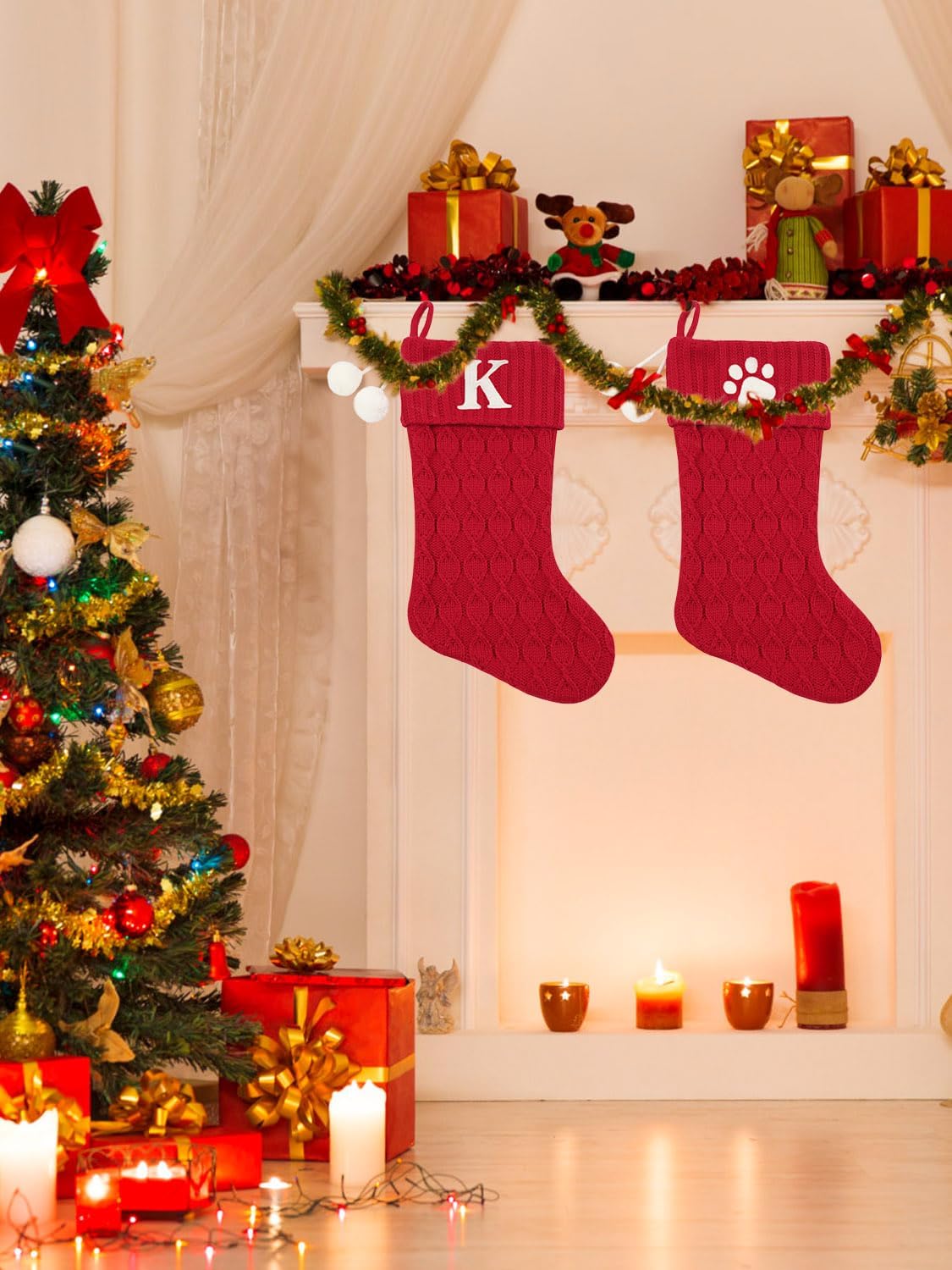 20 Inchs Red Knit Christmas Stockings, Personalized Initial Embroidered Xmas Stocking Larger Sock for Christmas Tree Fireplace Christmas Party Holiday Hanging Stocking Decorations(S)