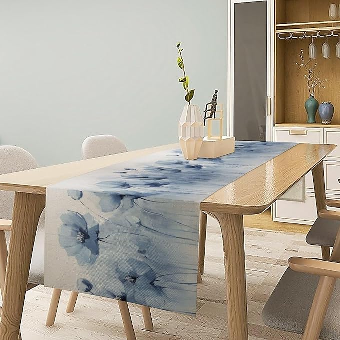 Abstract Floral Table Runner, Blue Poppy Flower Modern Art Print Kitchen Dinning Table Runner for Indoor Outdoor Home Wedding Party Holiday, 13x60 Inch