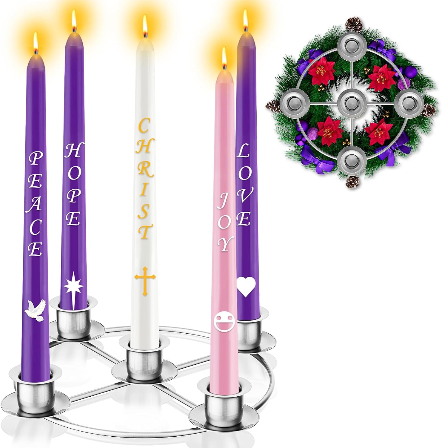 Advent Wreath 5 Candle Holder, Christmas Candle Rings Candle Holder for Tapered Advent Candles, Advent Wreath Ring Table Decoration for Christmas Advent Festival Home Party Church, Silver(No Candles)