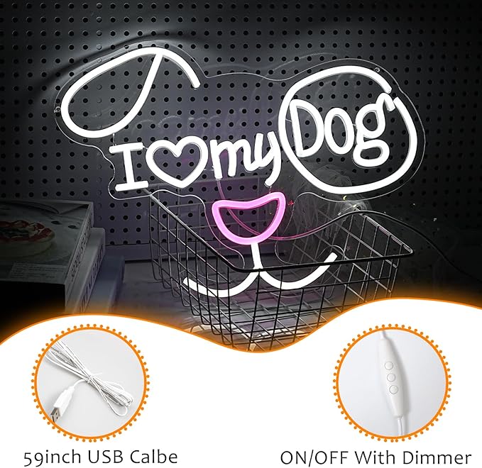 I Love My Dog Neon Sign for Wall Decor Funny Dog Neon Light Powered by USB Dimmable LED White Red Light Up Sign for Pet Shop Bedroom Animal Theme Party Decor Great Idea(16.7 * 12.6In)