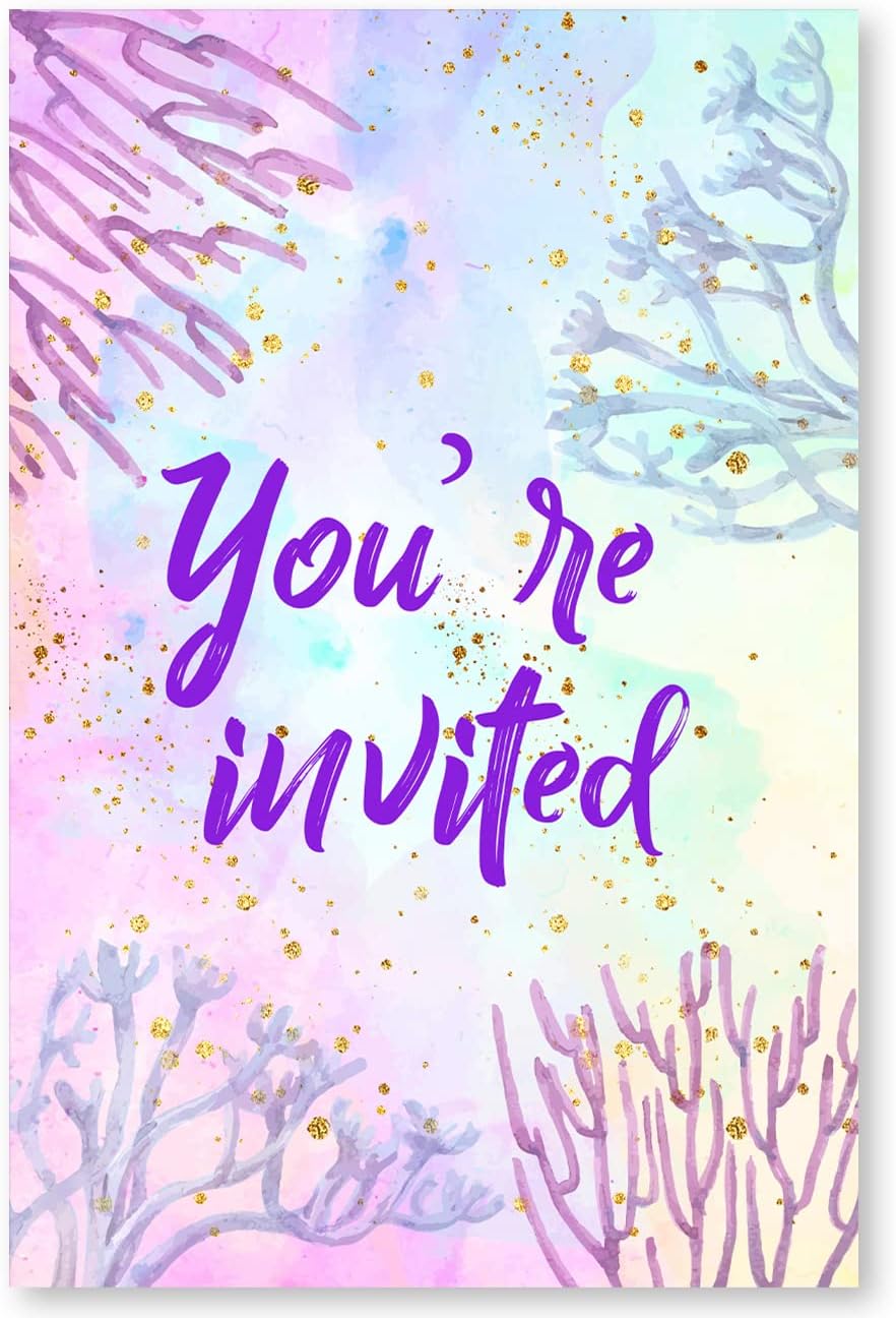 Soiceu Cute Under the Sea Mermaid Birthday Party Invitations with Envelopes Set of 20 Purple Pink Girl Birthday Party Invites
