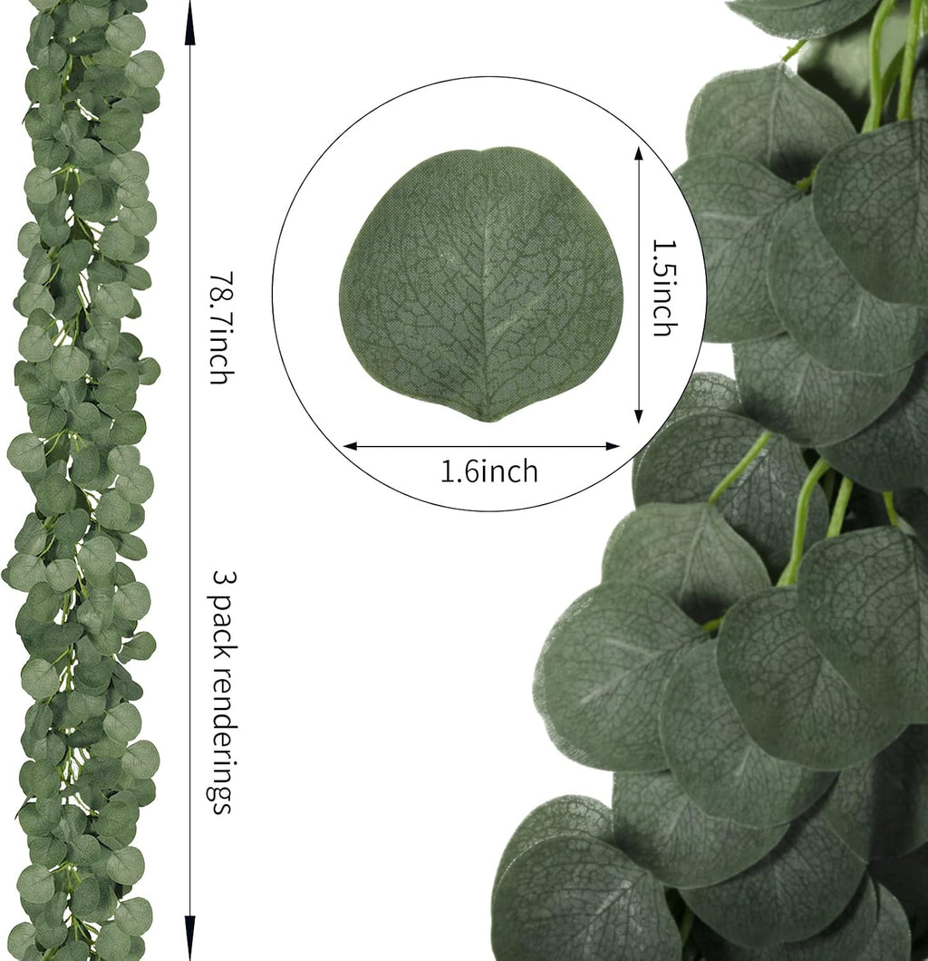 cqure 28 pack 196ft eucalyptus garland,artificial eucalyptus leaves, close-up detail