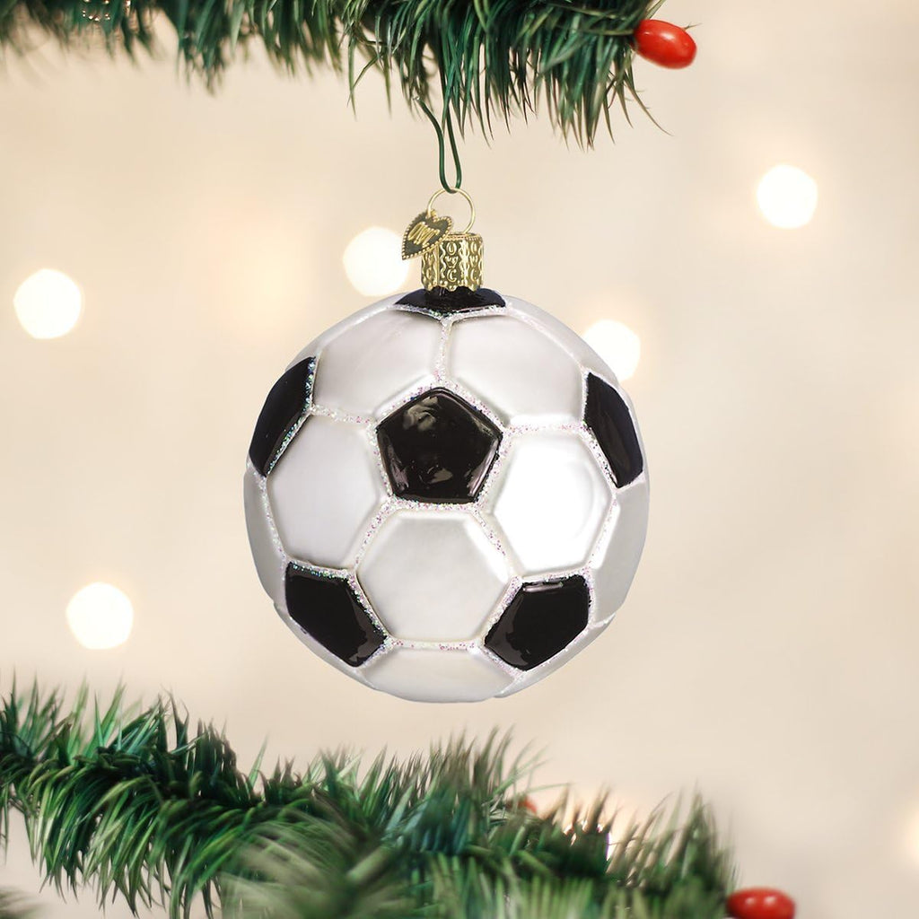 Old World Christmas Soccer Ball Glass Blown Ornament for Christmas Tree, Handcrafted Holiday Decoration, Sport Collection