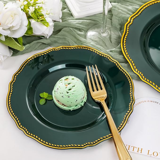 Hioasis 60pcs Green Plastic Plates - Green and Gold Disposable Dinnerware with Gold Rim, Heavy-duty, 10.25 inch, Dinner Plates for Party & Wedding