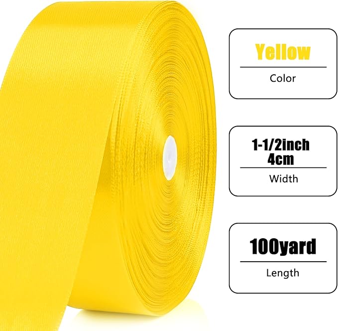 NESCCI 100 Yards Ribbon,1-1/2 Inch Yellow Satin Ribbon,Single Face Satin Ribbons,Perfect for Gift Wrapping,Wedding Decoration,Handmade Bows,Wrapping Bouquet, Halloween, Christmas