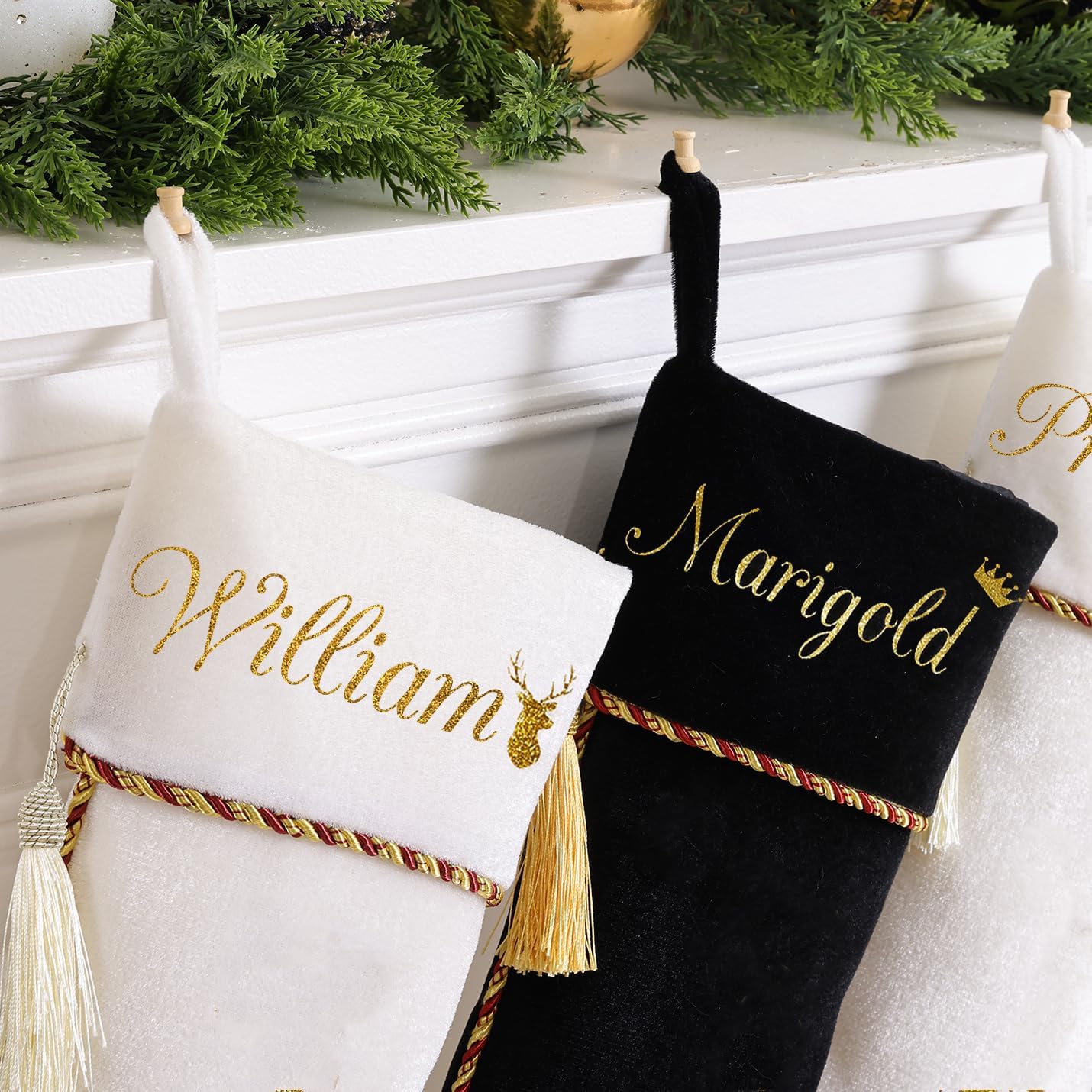 Personalized Christmas Stockings 1 Pack White Black Custom Christmas Stockings with Names Initials 20" Large Velvet Luxury Modern Kids Family Xmas Stocking for Farmhouse Holiday Fireplace