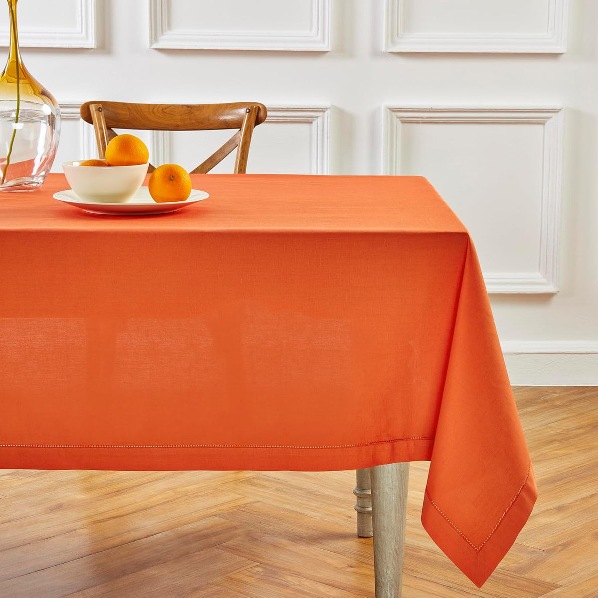 Solino Home Cotton Linen Tablecloth Burnt Orange Hemstitch, 58 x 120 in
