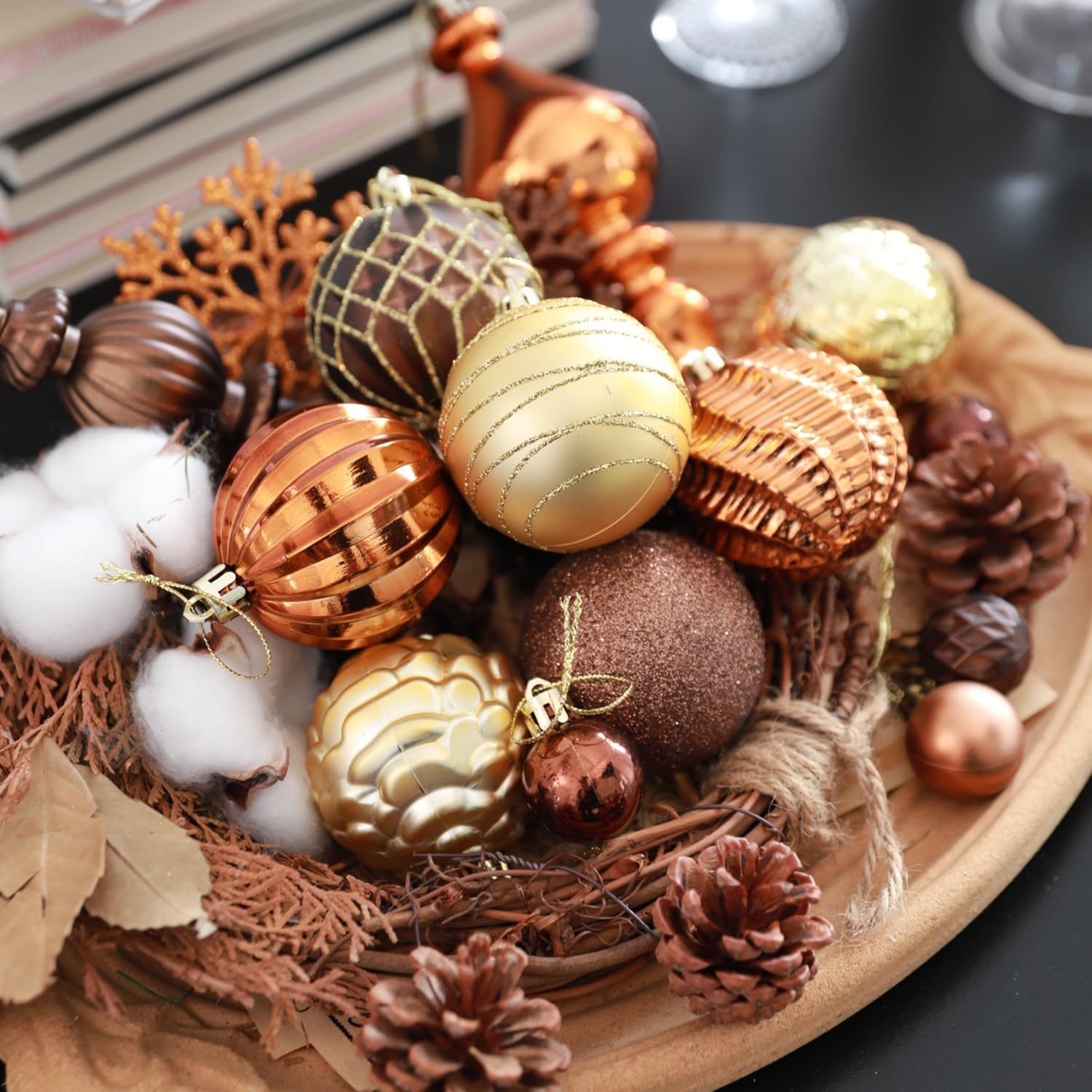 HipTree 116ct 1.18-6.5"Copper Gold Christmas Tree Ornaments Decorations Set | Shatterproof Luxury Assorted Hanging Baubles, Pre-Strung Bulk Holiday Decor For Tabletop Tree,Mantel Xmas Party Home Indoor