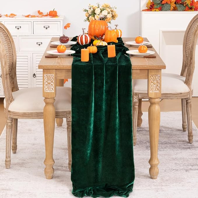 Emerald Green Velvet Table Runner Fall Thanksgiving Table Runner 20 x 120 Inch Luxurious Elegant Velvet Fabric Friendsgiving Table Decorations for Christmas Dinner Wedding Bridal Baby Shower