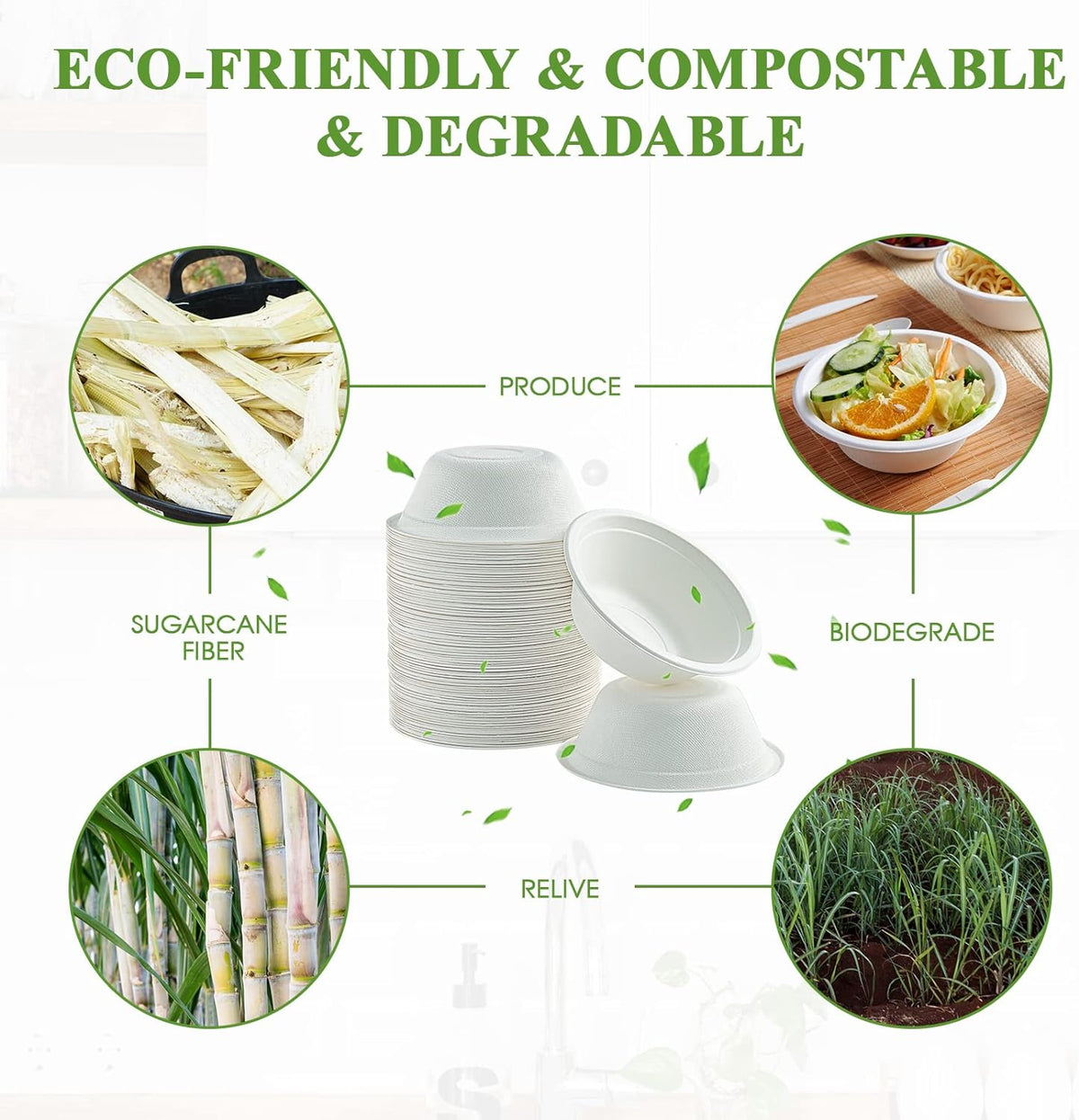 Vplus 500 Pack 12 OZ Compostable Paper Bowls, Bagasse Bowls Bulk，White