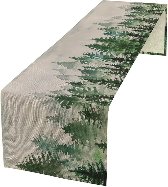 Foggy Forest Table Runner,Green Forest Natural Landscape Table Runner for Kitchen Dining Table Home Party Decoration 13x36 Inch