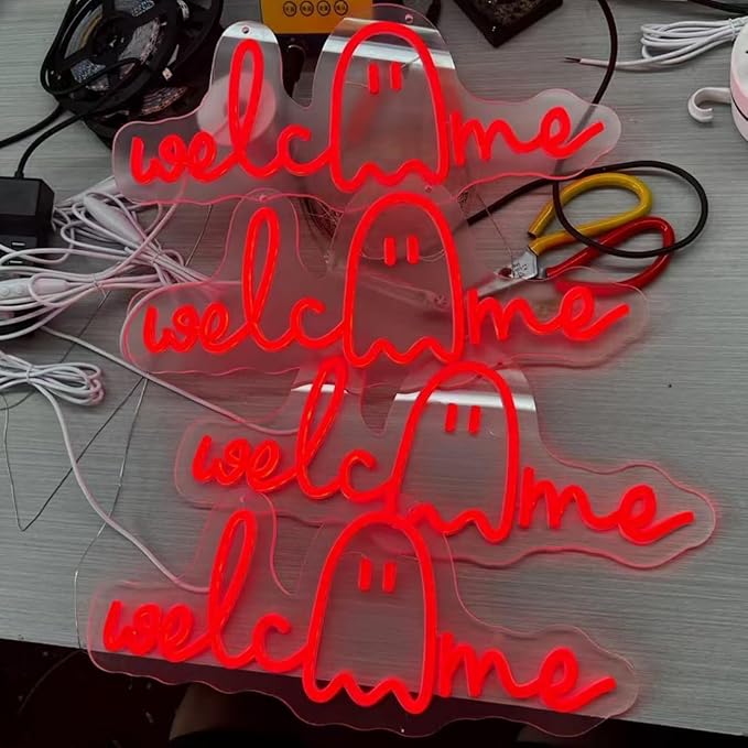 Halloween Welcome Ghouls Neon Sign, Spooky Ghost LED Halloween Decor, Haunted House Entryway Light, Available Gothic Haunted Mansion Light for Bedroom Bar Cave Room Decor Party Home-Red