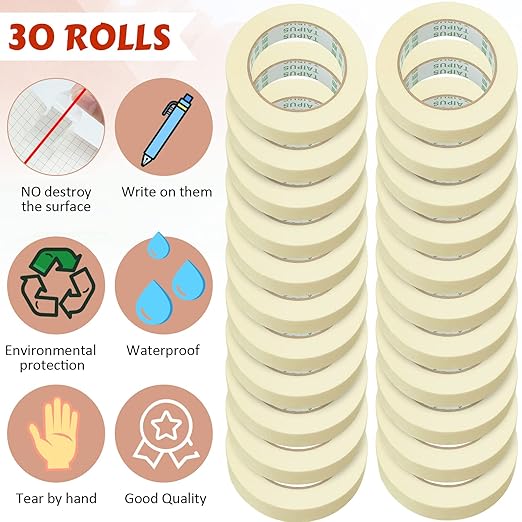 Masking Tape Bulk General Purpose Masking Painting Tape 55 Yards for Painting Home Office School Stationery Arts Crafts Basic Use, Easy Removal(30 Rolls,1 Inch)