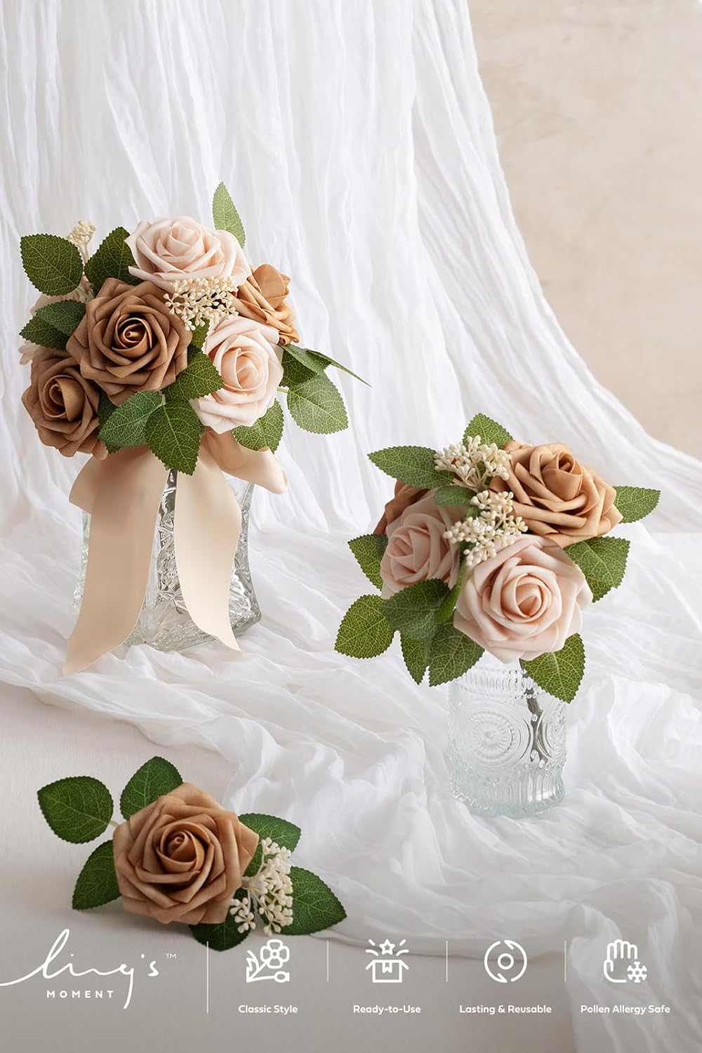 Ling's moment Artificial Flowers 50Pcs Ivory Roses Decor w/Stems,3" DIY Foam Floral for Wedding Bouquet/Centerpieces, Outdoors Party Backdrop, Room/Table, and Garden/Pot Decorations