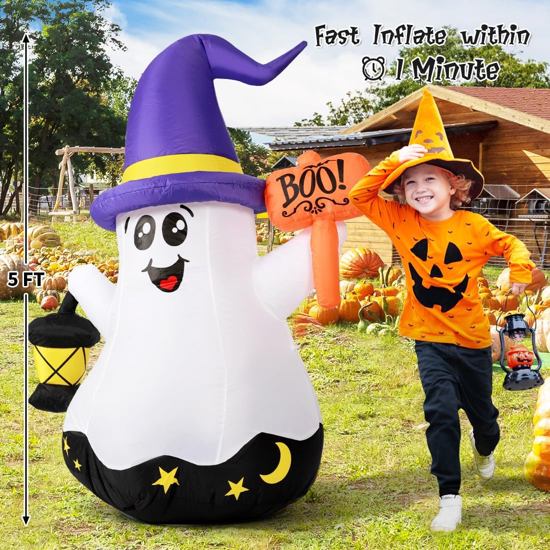 GOOSH 5 FT Halloween Inflatables Ghost Outdoor Decorations Blow Up Yard Cute ...