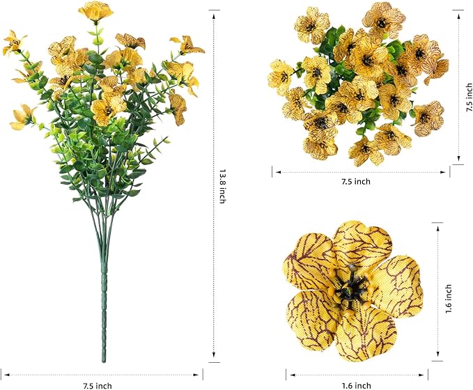 HyeFlora Artificial Fall Flowers Faux Mums for Outdoor Indoor Garden Home Decoration, Faux Flower Daisy with Eucalyptus Leaves Fake Plants Greenery Boxwood Porch Patio, 12 Bundles (Yellow)